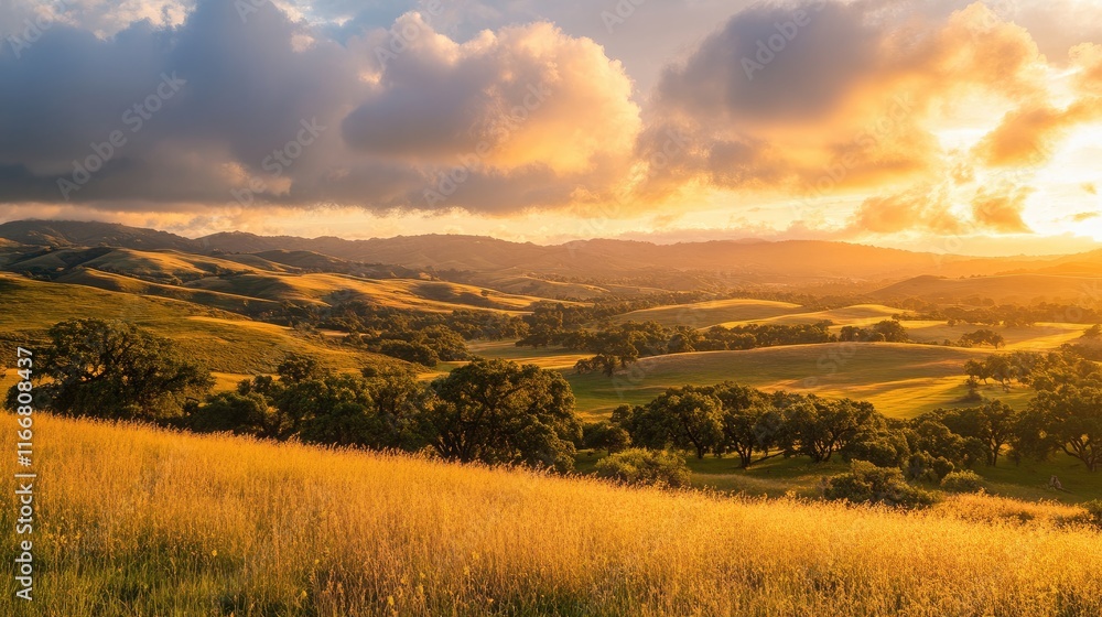 golden hour landscape with dramatic clouds and vibrant sunset over rolling hills and grassy fields golden hour landscape with dramatic clouds and vibrant sunset over rolling hills and grassy fields