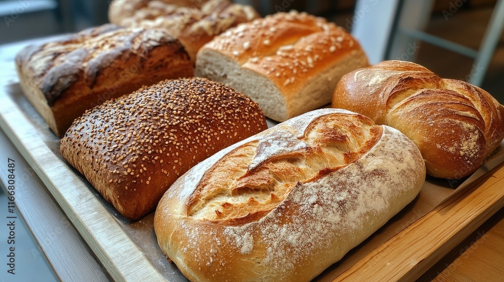 Artisan Bread Selection Displayed on Wooden Tray in Modern Bakery Setting Artisan Bread Selection Displayed on Wooden Tray in Modern Bakery Setting