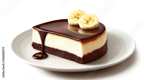 Delicious fresh cheesecake topped with rich chocolate syrup and banana slices on a white plate photo