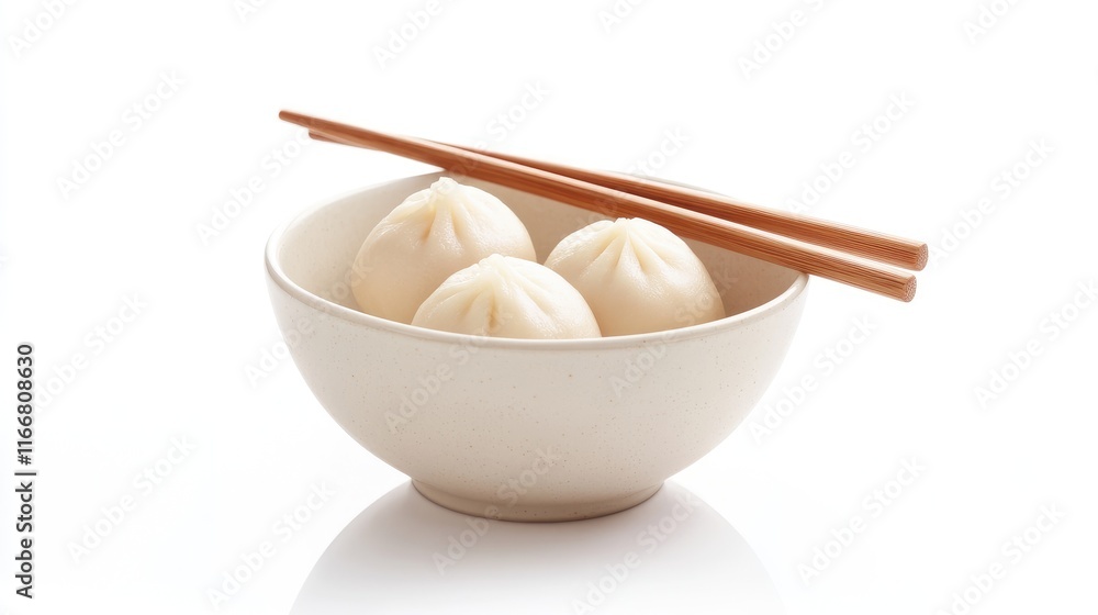 Steamed wonton dumplings in a bowl with chopsticks on a clean white background showcasing Asian cuisine delicacies and culinary culture Steamed wonton dumplings in a bowl with chopsticks on a clean white background showcasing Asian cuisine delicacies and culinary culture