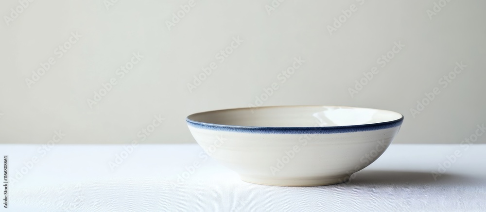 Handcrafted white ceramic bowl with blue rim ideal for minimalist kitchen decor and fresh dining settings with ample copy space Handcrafted white ceramic bowl with blue rim ideal for minimalist kitchen decor and fresh dining settings with ample copy space