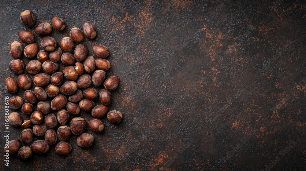 Freshly harvested chestnuts arranged on a dark rustic background showcasing their rich brown color and texture ready for roasting. Freshly harvested chestnuts arranged on a dark rustic background showcasing their rich brown color and texture ready for roasting.