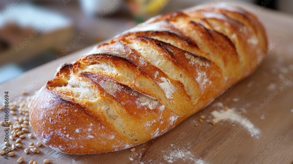 Artisan loaf of freshly baked bread on wooden table surrounded by scattered wheat grains. Artisan loaf of freshly baked bread on wooden table surrounded by scattered wheat grains.