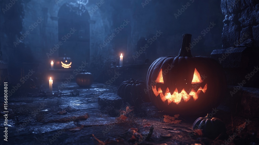 Fototapeta premium Spooky Halloween background featuring carved pumpkins and flickering candles in an eerie dimly lit setting