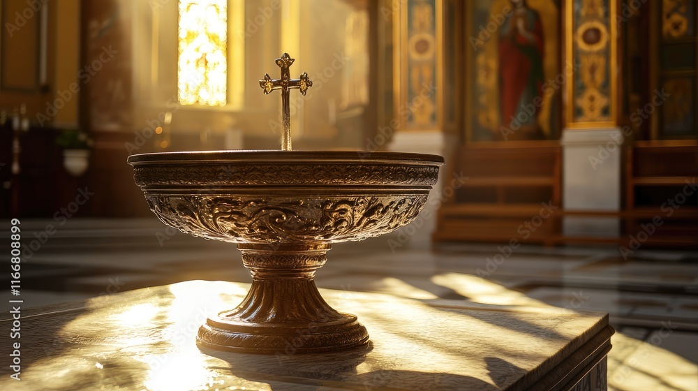 Intricate Holy Water Font on Altar with Backlit Sunlight Creating a Serene Atmosphere in a Church Interior Intricate Holy Water Font on Altar with Backlit Sunlight Creating a Serene Atmosphere in a Church Interior