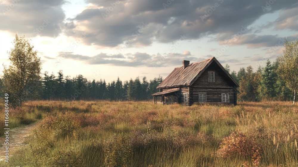 Scenic view of a rustic wooden house in a lush heath landscape surrounded by trees under a dramatic sky with soft clouds. Scenic view of a rustic wooden house in a lush heath landscape surrounded by trees under a dramatic sky with soft clouds.