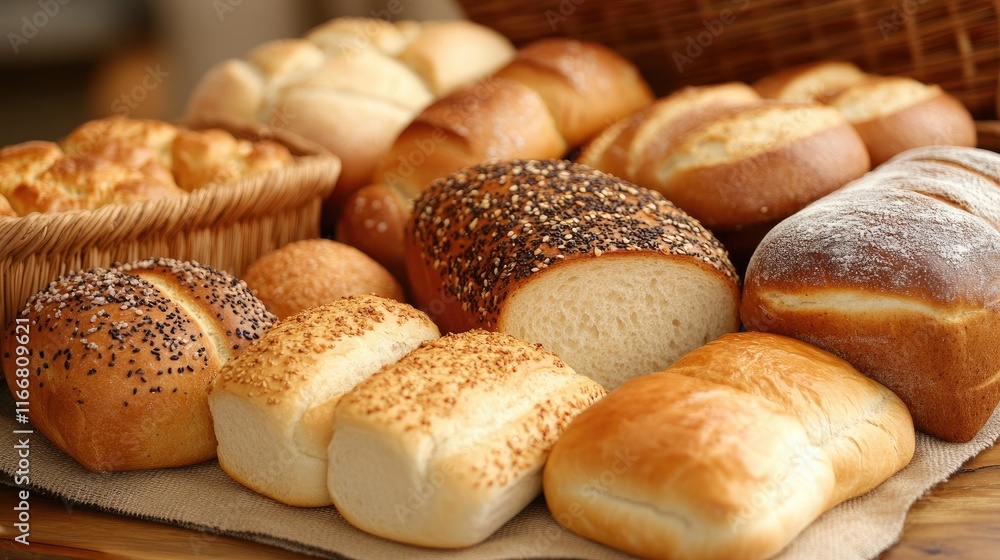 Assorted freshly baked bread rolls and pastries arranged on a table in a modern bakery setting showcasing delicious gourmet options Assorted freshly baked bread rolls and pastries arranged on a table in a modern bakery setting showcasing delicious gourmet options