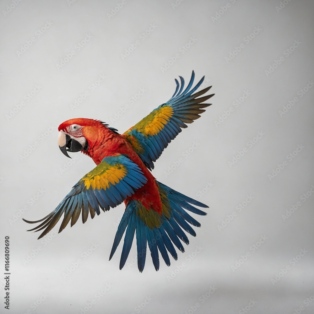 Fototapeta premium A vibrant macaw spreading its wings on a white background.