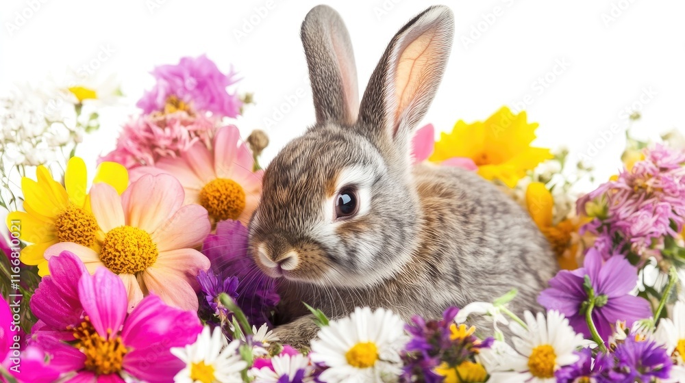 Gray rabbit surrounded by a vibrant assortment of flowers on a bright white background, showcasing a peaceful and natural setting. Gray rabbit surrounded by a vibrant assortment of flowers on a bright white background, showcasing a peaceful and natural setting.