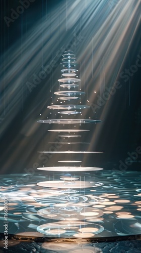 Spiral staircase design in sleek modern interior reflecting in dark moody pool of water creating a surreal ethereal and captivating visual effect with dramatic illumination and perspectives photo