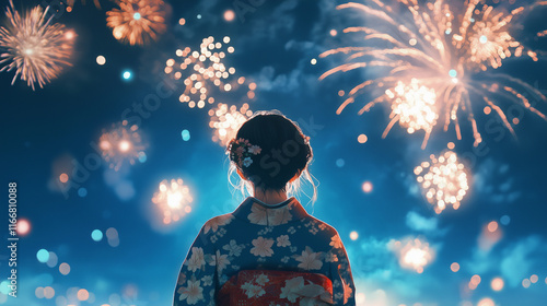 Back view of woman in yukata looking up at fireworks