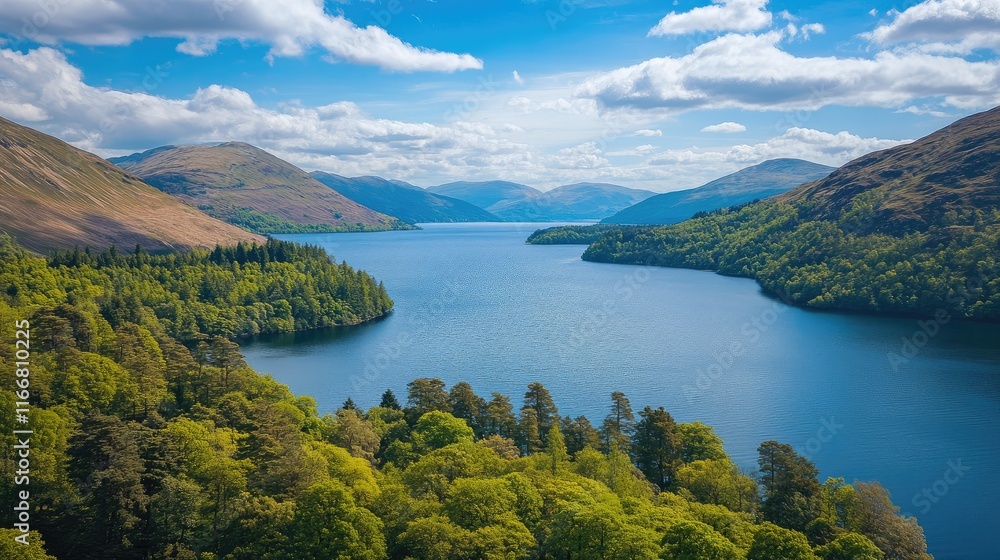 Stunning aerial view of tranquil lakes surrounded by lush greenery and majestic mountains under a bright blue sky Stunning aerial view of tranquil lakes surrounded by lush greenery and majestic mountains under a bright blue sky