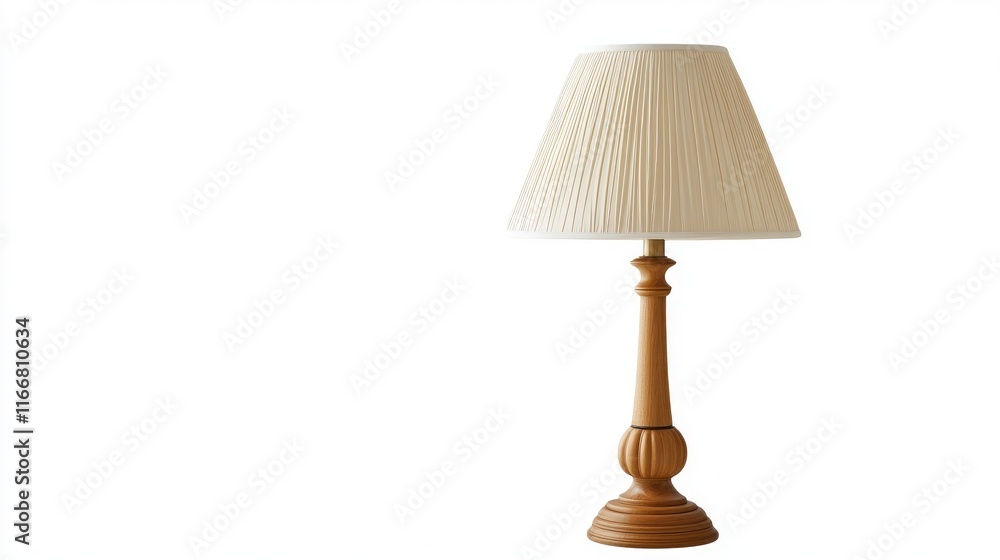 Elegant wooden table lamp with pleated shade isolated on white background ideal for home decor and interior design presentations. Elegant wooden table lamp with pleated shade isolated on white background ideal for home decor and interior design presentations.