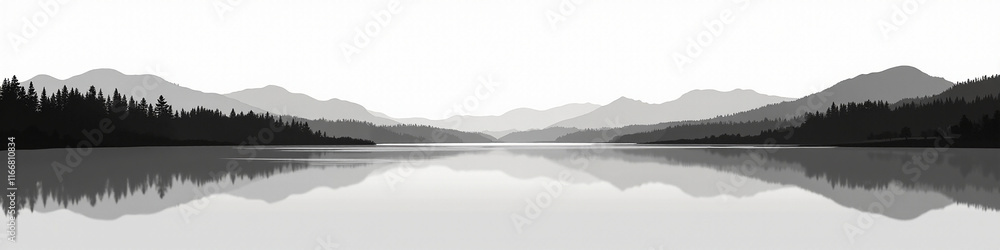 Fototapeta premium A serene black and white landscape of mountains reflected in a calm lake, surrounded by pine trees.