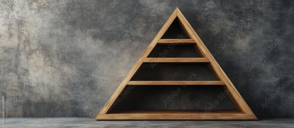 Geometric triangular wooden shelving unit with ample space for promotional display against textured grey background Geometric triangular wooden shelving unit with ample space for promotional display against textured grey background