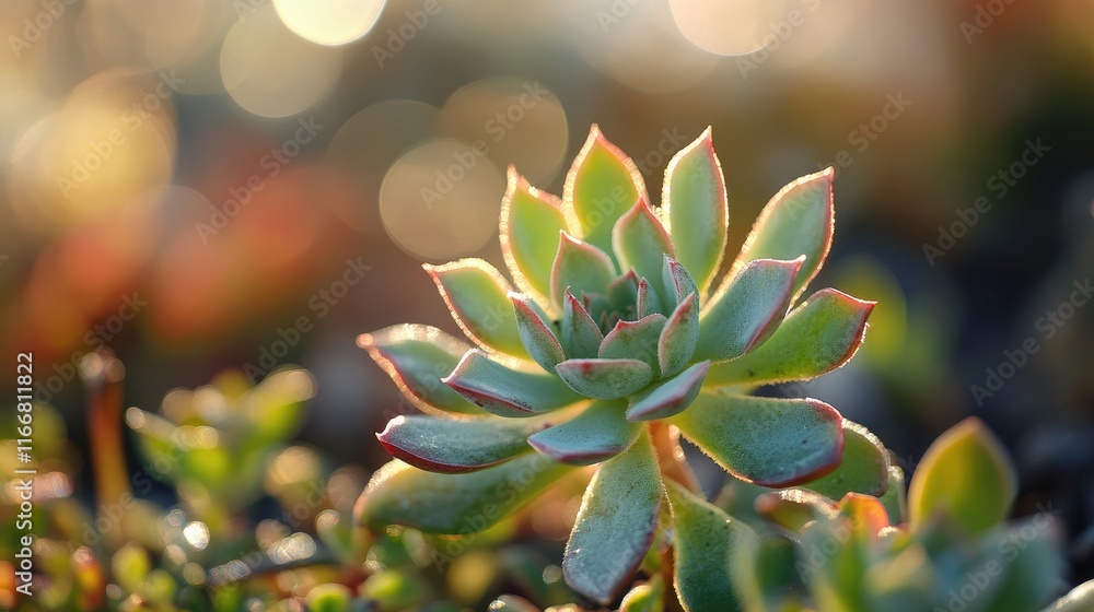 Succulent plant basking in sunlight with a blurred garden background creating a serene and peaceful atmosphere in nature Succulent plant basking in sunlight with a blurred garden background creating a serene and peaceful atmosphere in nature
