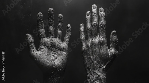 Contrast of human hands uplifted in a textured dark environment symbolizing resilience and hope against adversity