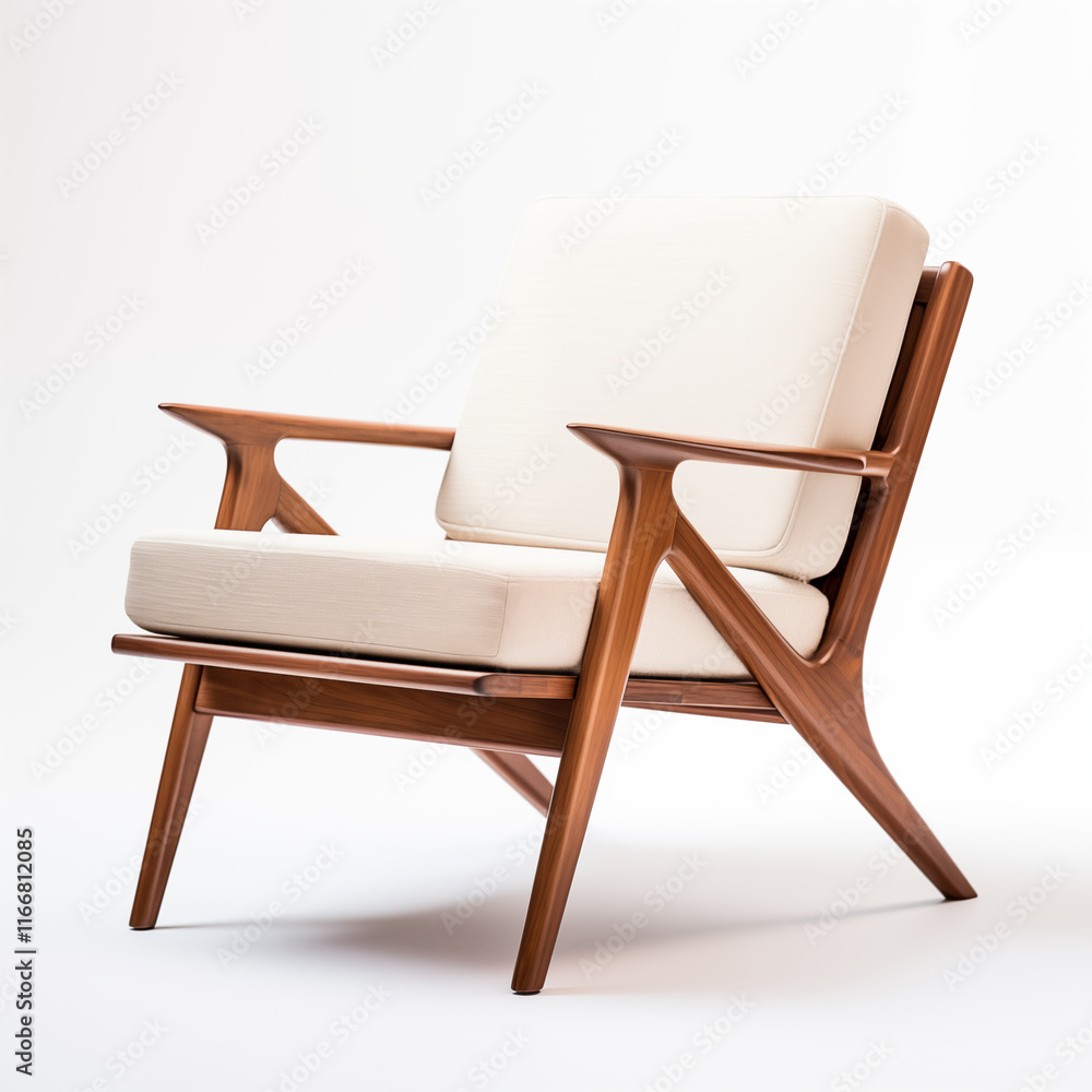MidCentury Modern Armchair Beige Upholstery Walnut Wood MidCentury Modern Armchair Beige Upholstery Walnut Wood