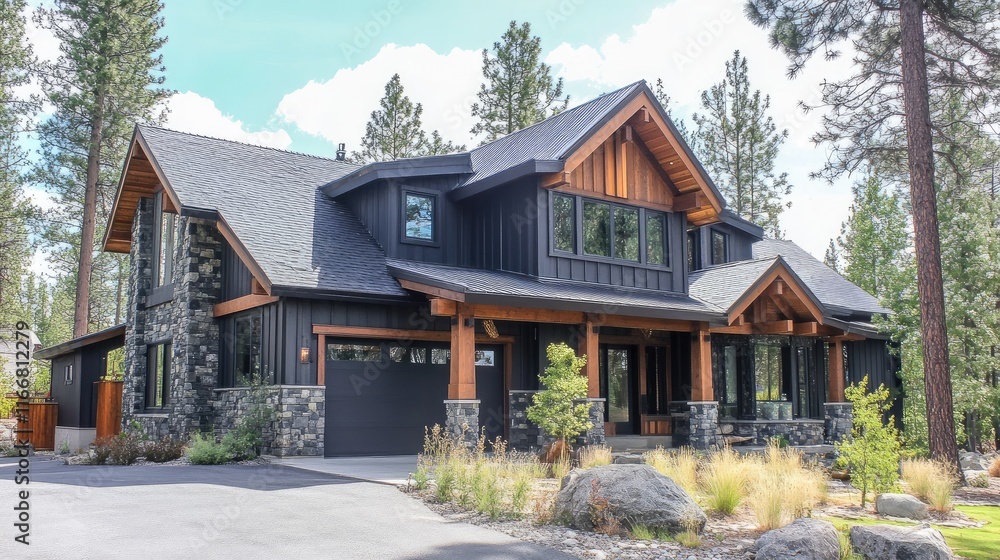 Modern Home with Vertical Black Stone Siding and Wooden Accents in a Forested Setting Modern Home with Vertical Black Stone Siding and Wooden Accents in a Forested Setting