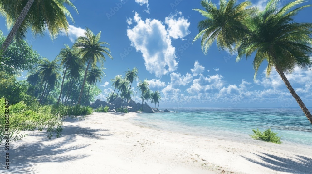 Fototapeta premium panorama of tropical beach with coconut palm trees