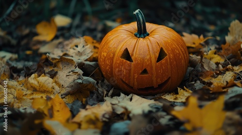 Halloween Pumpkin Surrounded by Vibrant Autumn Leaves in a Seasonal Forest Setting photo