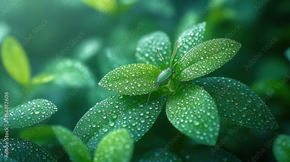 Dew-covered green leaves with a small insect. Dew-covered green leaves with a small insect.