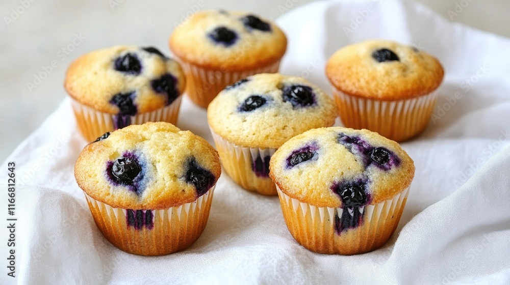 Freshly baked blueberry muffins arranged neatly on white fabric showcasing their delicious texture and vibrant blueberries Freshly baked blueberry muffins arranged neatly on white fabric showcasing their delicious texture and vibrant blueberries