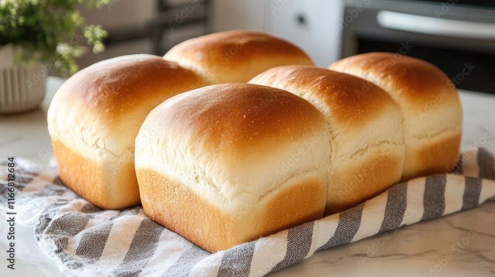 Freshly baked fluffy bread loaves arranged on a kitchen counter with a linen towel for a cozy home baking atmosphere Freshly baked fluffy bread loaves arranged on a kitchen counter with a linen towel for a cozy home baking atmosphere
