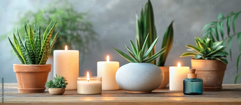 Aromatic oil diffuser with lit candles and lush houseplants enhancing a serene ambiance on a rustic wooden table in a cozy setting Aromatic oil diffuser with lit candles and lush houseplants enhancing a serene ambiance on a rustic wooden table in a cozy setting