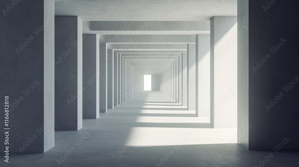 Light at the end of a long, grey concrete corridor. Light at the end of a long, grey concrete corridor.