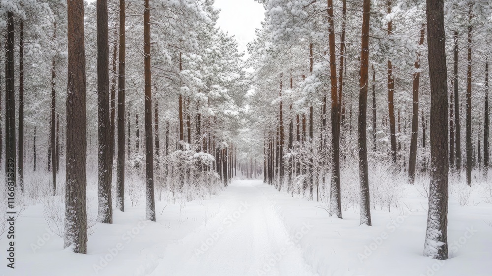 Naklejka premium Serene Snow-Covered Forest Pathway Through Tall Trees in Winter Landscape