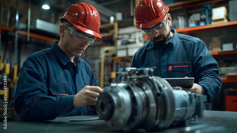 Technicians Meticulously Servicing an Electric Motor in an Organized Industrial Workspace Technicians Meticulously Servicing an Electric Motor in an Organized Industrial Workspace