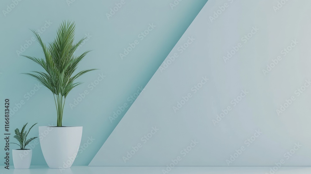 Minimalist Interior Design with Geometric Trapezoid Shapes and Potted Plants in Soft Blue Tones Minimalist Interior Design with Geometric Trapezoid Shapes and Potted Plants in Soft Blue Tones