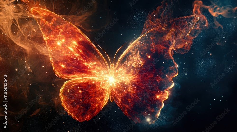 The human soul is enraged by the butterfly which gives him magical energy powers on his face, the butterfly wings shine against a dark mystical cinematic background The human soul is enraged by the butterfly which gives him magical energy powers on his face, the butterfly wings shine against a dark mystical cinematic background