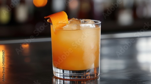 Halloween cocktail with orange garnish showcasing vibrant colors and spirits in a festive bar setting photo