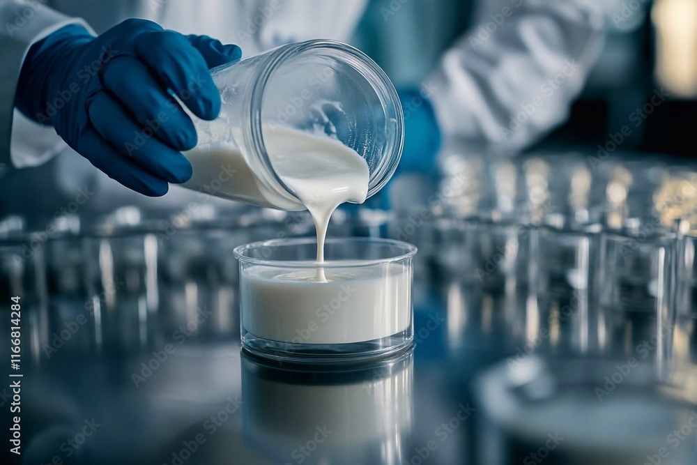 Close-up of a dairy worker pouring cream into the sample Close-up of a dairy worker pouring cream into the sample