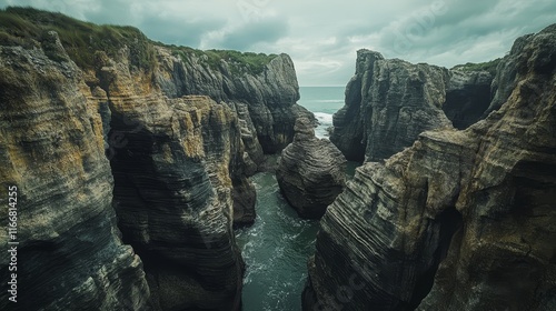 Dramatic rock formations at Pancake Rocks in Paparoa National Park photo