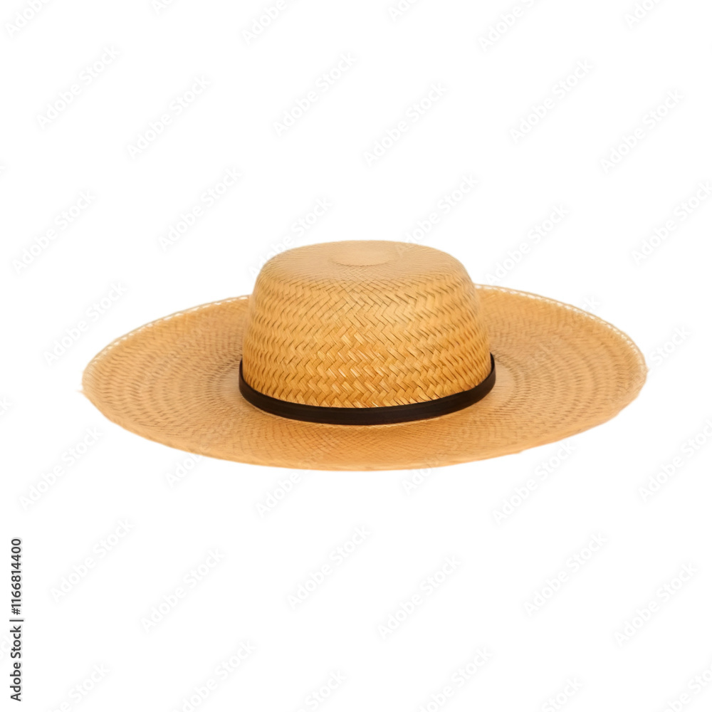 Straw hat isolated on white background. Panama hat style with black ribbon. Straw hat isolated on white background. Panama hat style with black ribbon.