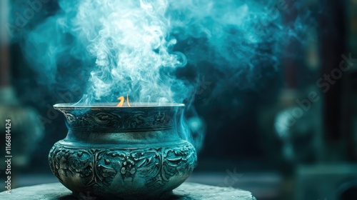 Incense pot releasing aromatic smoke with detailed embossing in a serene atmosphere creating a tranquil ambiance for relaxation and meditation photo