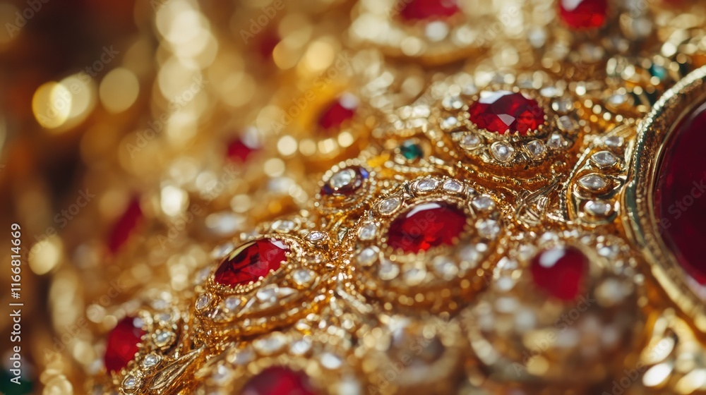 Intricate traditional Indian wedding jewelry featuring intricate gold detailing and vibrant red gemstones in a close-up view. Intricate traditional Indian wedding jewelry featuring intricate gold detailing and vibrant red gemstones in a close-up view.