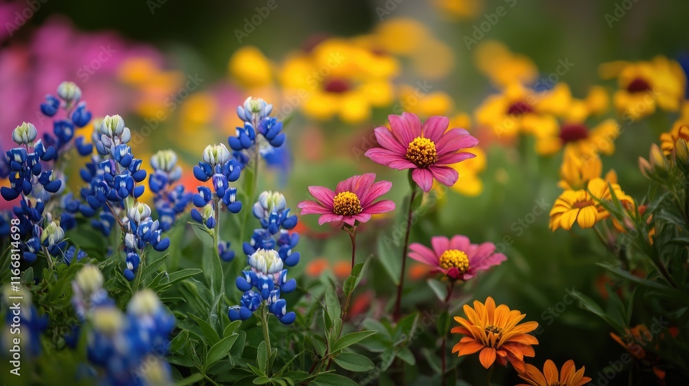 Vibrant Indian Blanket and Bluebonnet wildflowers blooming in the scenic Texas Hill Country garden landscape Vibrant Indian Blanket and Bluebonnet wildflowers blooming in the scenic Texas Hill Country garden landscape