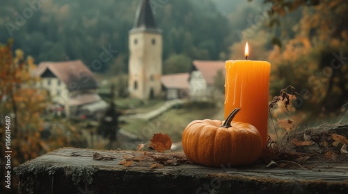 Autumnal Halloween Still Life Featuring Orange Candle and Pumpkin with Scenic Background of Autumn Landscape and Historical Architecture photo