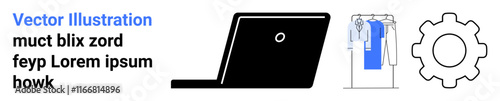 Black laptop silhouette, blue and white clothes on a rack, black gear icon representing settings. Ideal for e-commerce, technology, fashion industry, online retail, digital transformation, IT