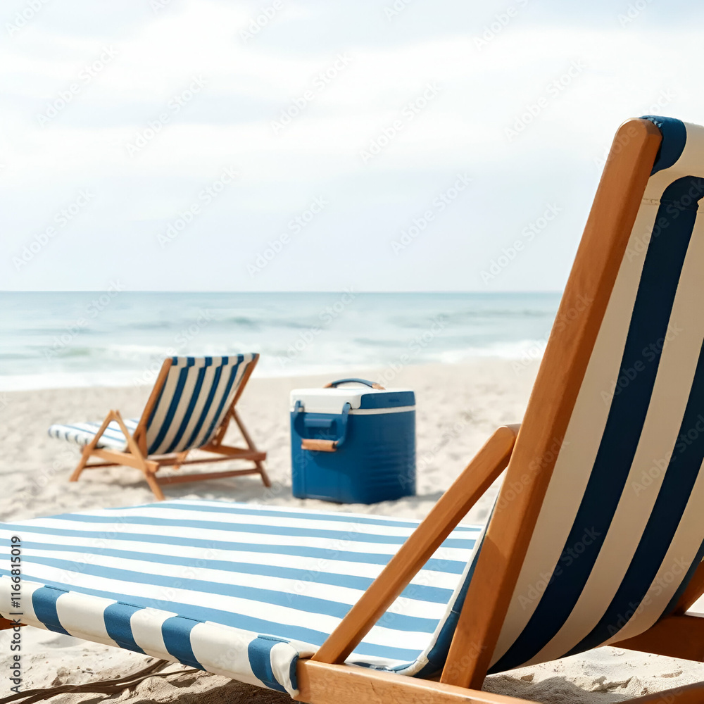 Fototapeta premium Beach umbrella with chairs on the sand summer vacation.