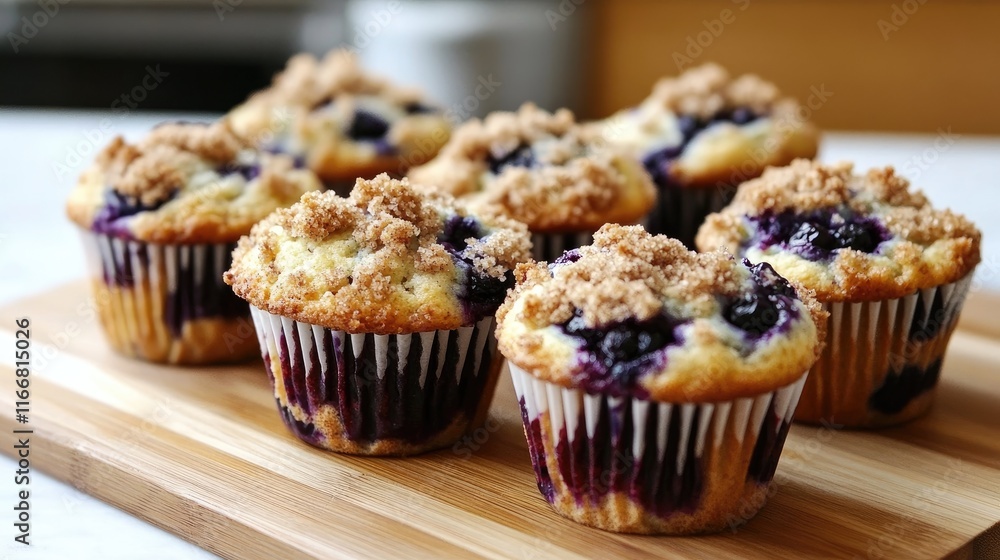 Delicious Blueberry Muffins with Crumbly Streusel Topping Arranged on a Wooden Board in Natural Light Delicious Blueberry Muffins with Crumbly Streusel Topping Arranged on a Wooden Board in Natural Light