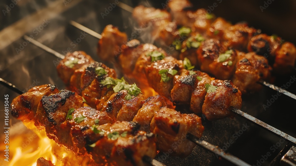 Sizzling lamb tikka skewers on a barbecue grill infused with spices and herbs in Indian cuisine Sizzling lamb tikka skewers on a barbecue grill infused with spices and herbs in Indian cuisine