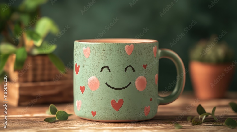 Cheerful green mug adorned with smiley face and heart motifs on a rustic wooden table with plants in the background. Cheerful green mug adorned with smiley face and heart motifs on a rustic wooden table with plants in the background.