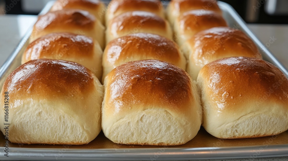 Freshly baked golden bread rolls neatly arranged on a silver tray in a cozy bakery setting enticing customers with their warm appearance Freshly baked golden bread rolls neatly arranged on a silver tray in a cozy bakery setting enticing customers with their warm appearance