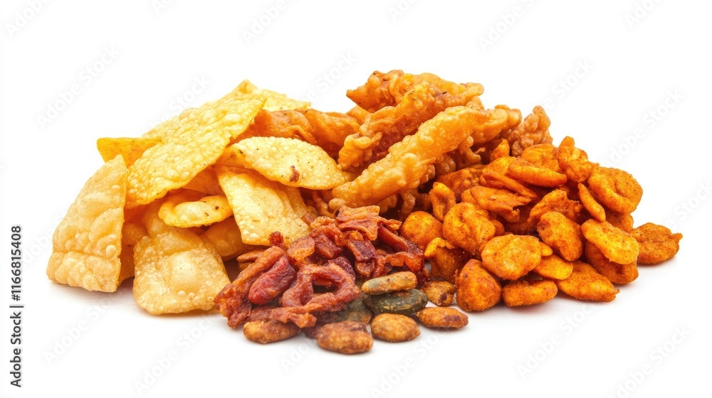 Assorted Indian snack mix featuring crunchy textures and vibrant colors isolated on a clean white background for culinary presentations. Assorted Indian snack mix featuring crunchy textures and vibrant colors isolated on a clean white background for culinary presentations.
