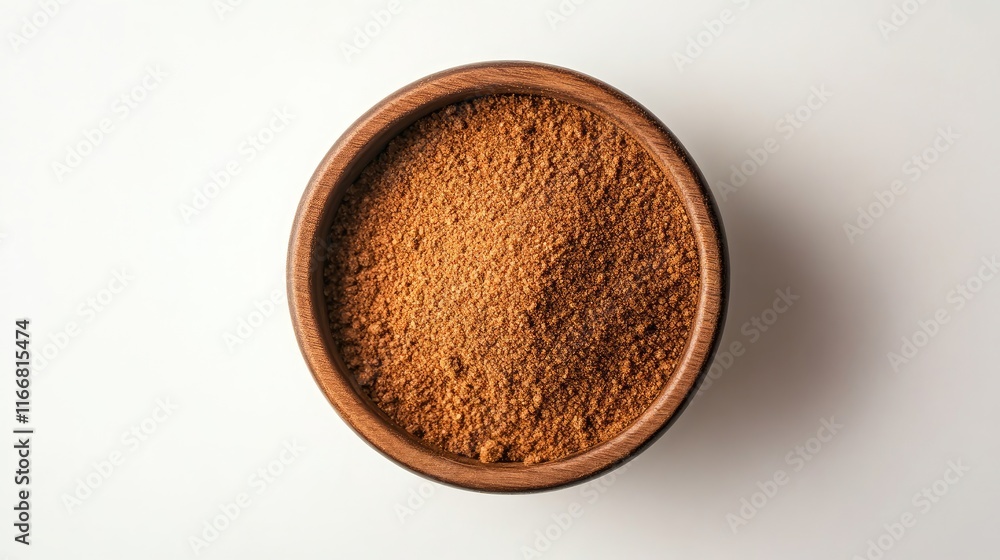 Garam masala spice blend in wooden bowl on white background showcasing rich color and texture from above view Garam masala spice blend in wooden bowl on white background showcasing rich color and texture from above view